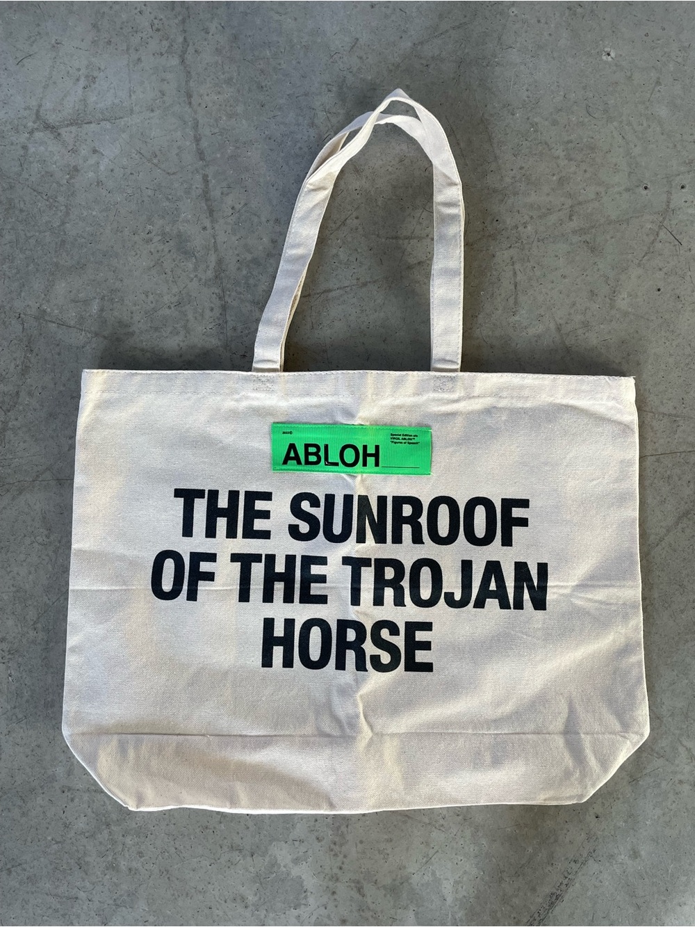 Off-White White Canvas Tote with Black Text and Neon Green Label